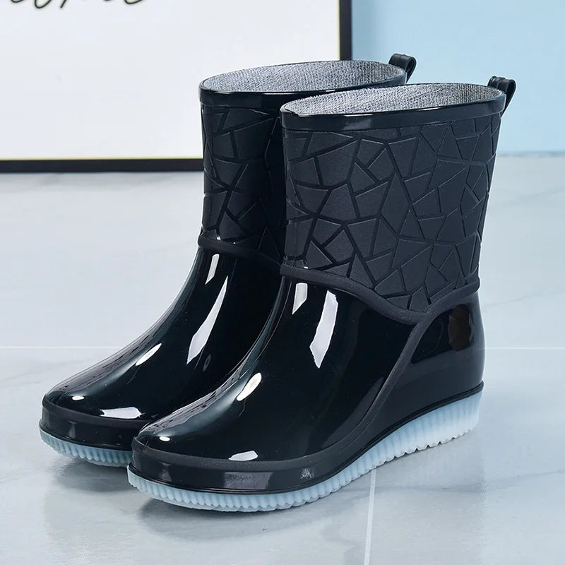 Women's Mid-Calf Wellington Boots, Geometric Pattern Glossy