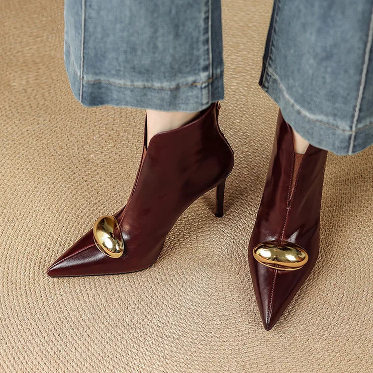 Women's Stiletto Heel Ankle Boots, Pointed Toe Gold Detail