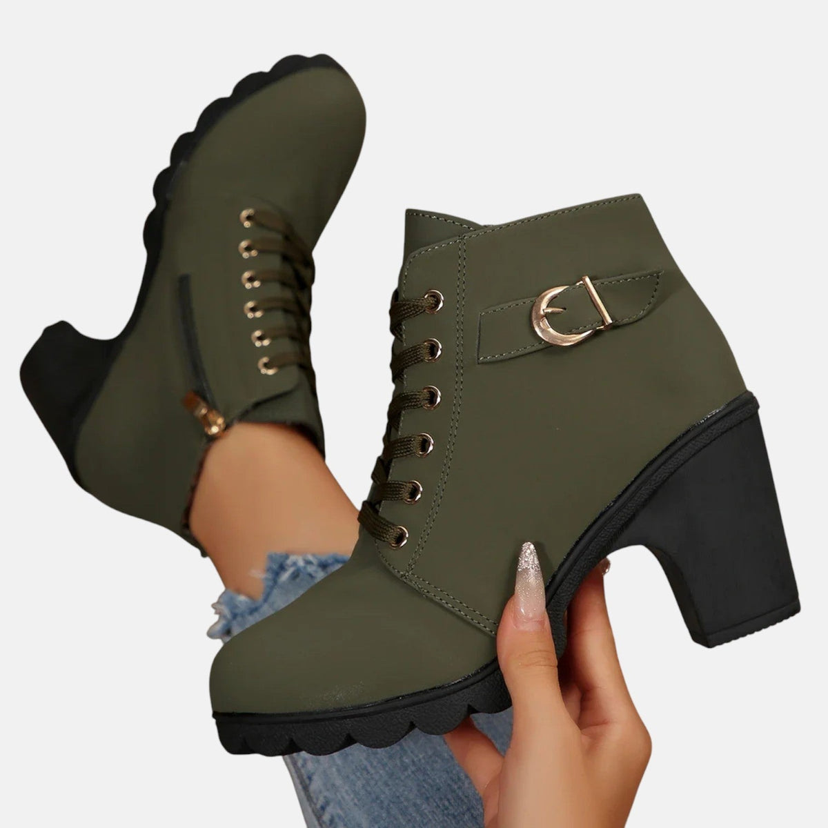 Women's Lace Up Heeled Ankle Boots, Buckle Strap Block Heel