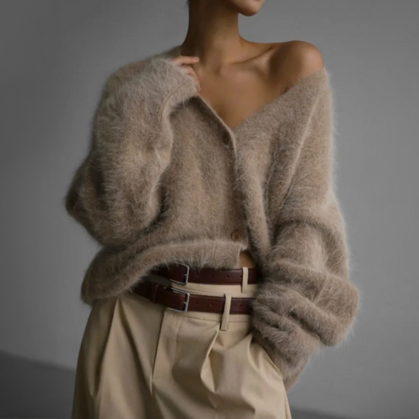 Women's Fluffy Cardigan, Oversized V-Neck Button Up