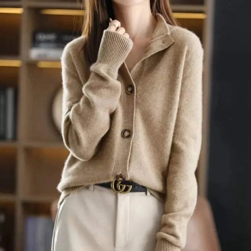 Solene | Refined Women's Merino Turn-Down Collar Cardigan