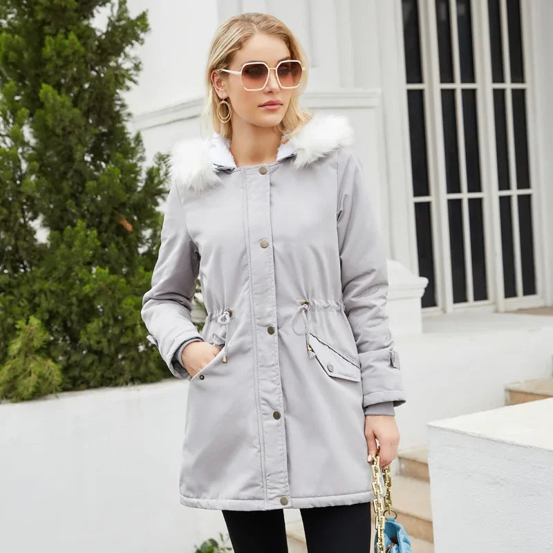 Faux Fur Trim Hooded Parka Jacket for Women, Drawstring Waist