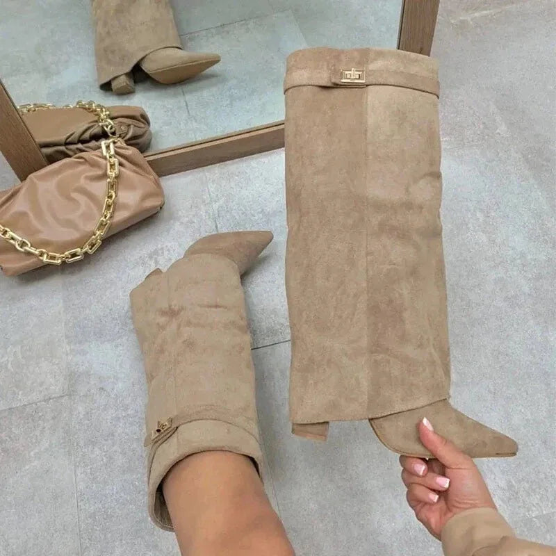 Women's Knee High Boots, Pointed Toe Fold-Over Shaft with Buckle
