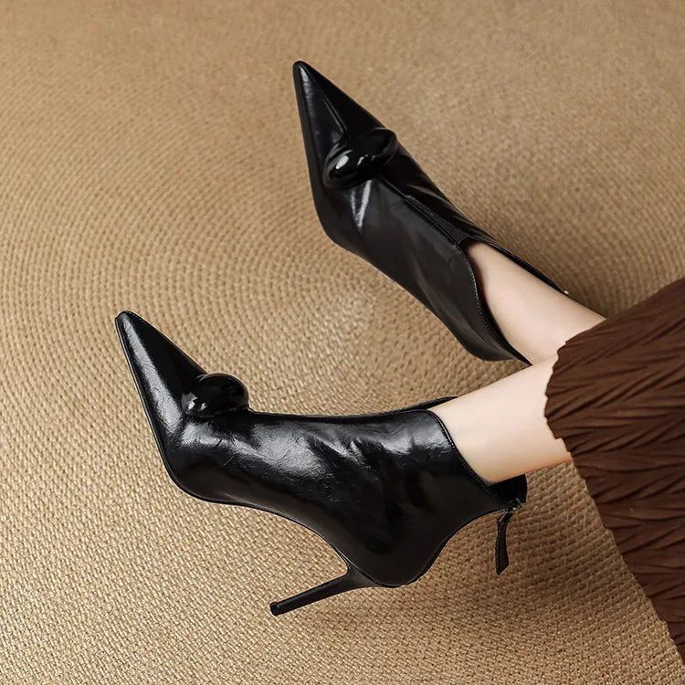 Women's Stiletto Heel Ankle Boots, Pointed Toe Gold Detail