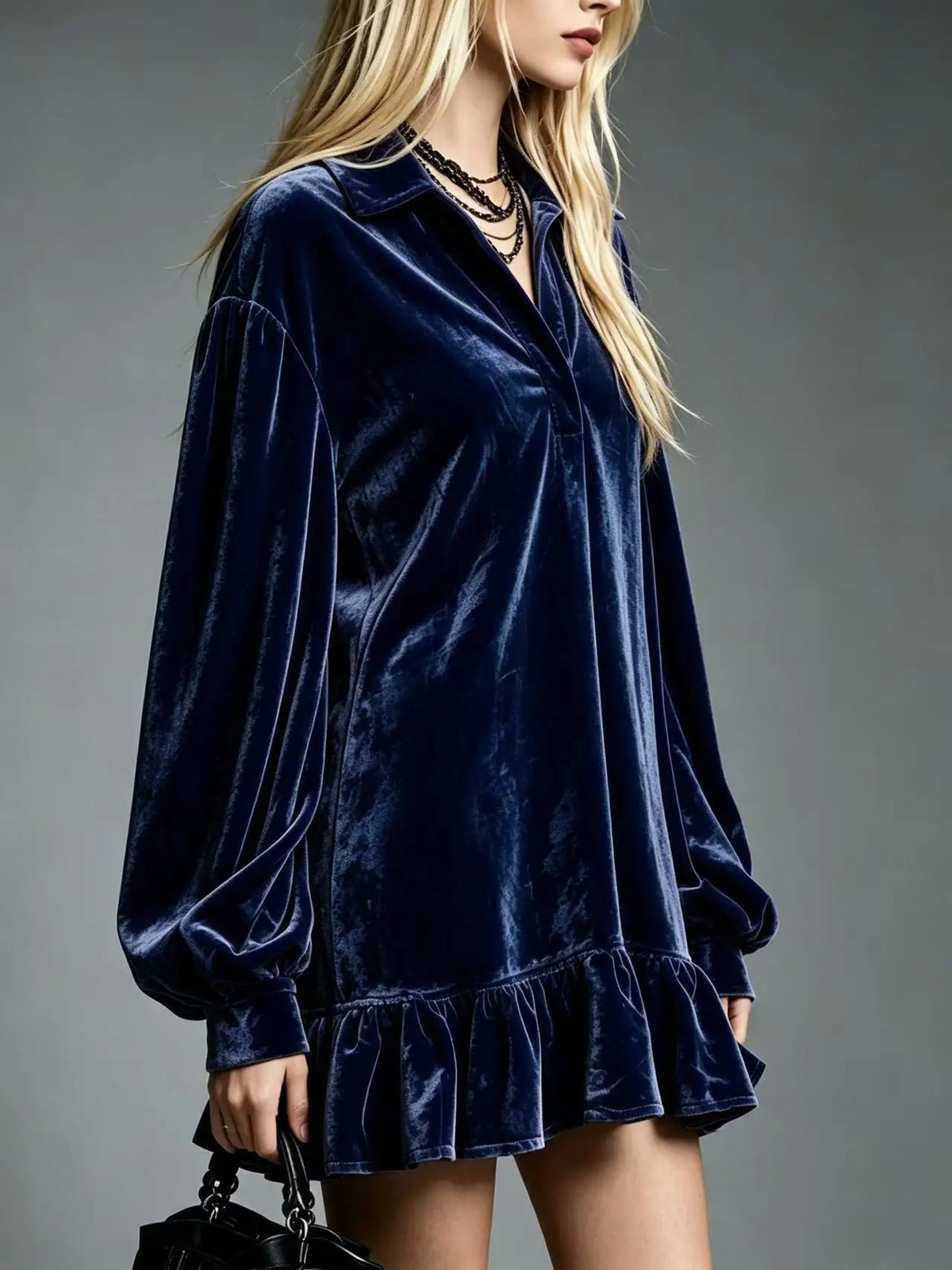 Women's Velvet Mini Dress, Ruffle Hem Lantern Sleeve