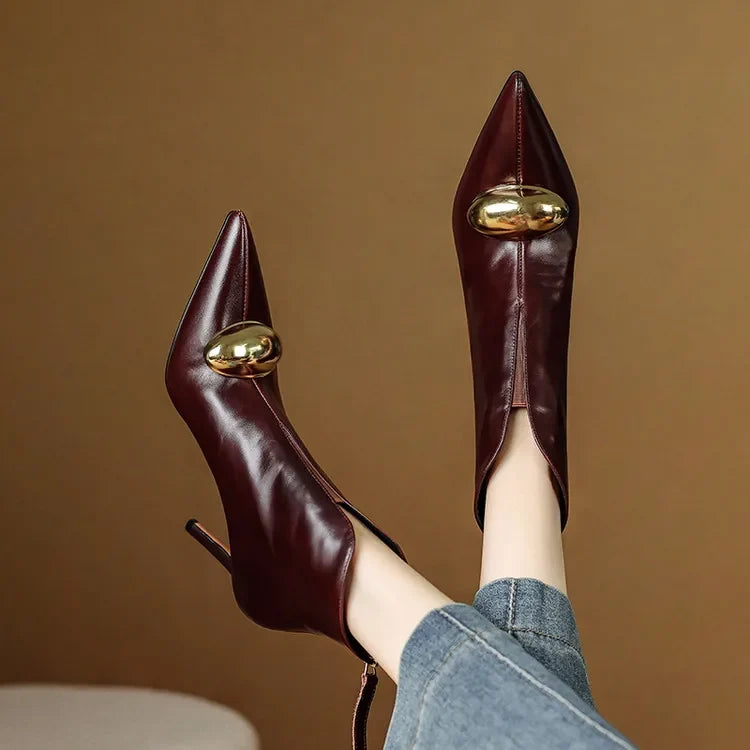 Women's Stiletto Heel Ankle Boots, Pointed Toe Gold Detail