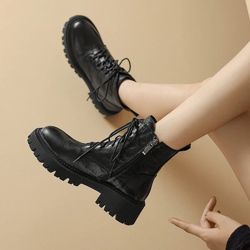 Women's Lace Up Ankle Boots, Chunky Lug Sole Retro