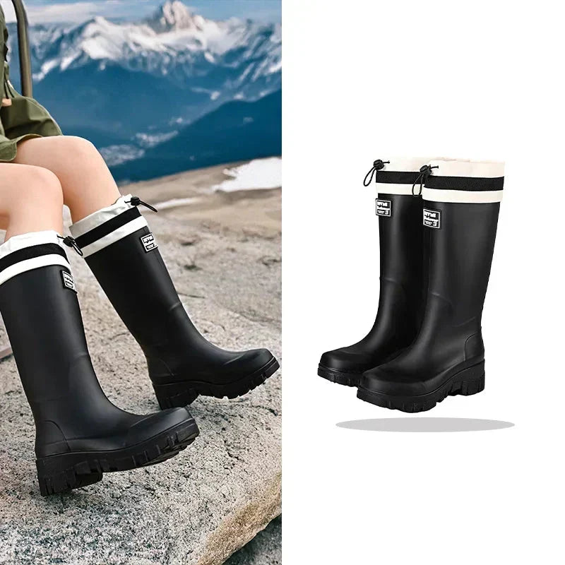 Women's Retro Wellington Boots, Tall Waterproof with Stripe