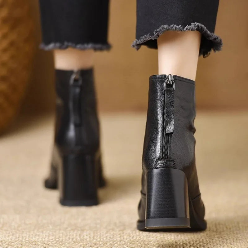 Women's Square Toe Ankle Boots, Block Heel Back Zip