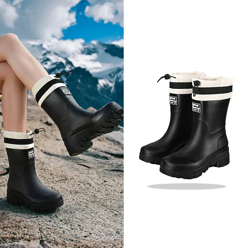 Women's Retro Wellington Boots, Tall Waterproof with Stripe