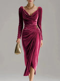 Vivienne | Velvet Cowl Neck Ruched Midi Dress for Women 5