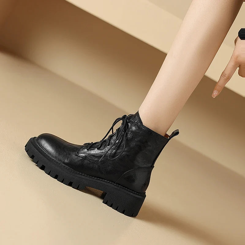 Women's Lace Up Ankle Boots, Chunky Lug Sole Retro