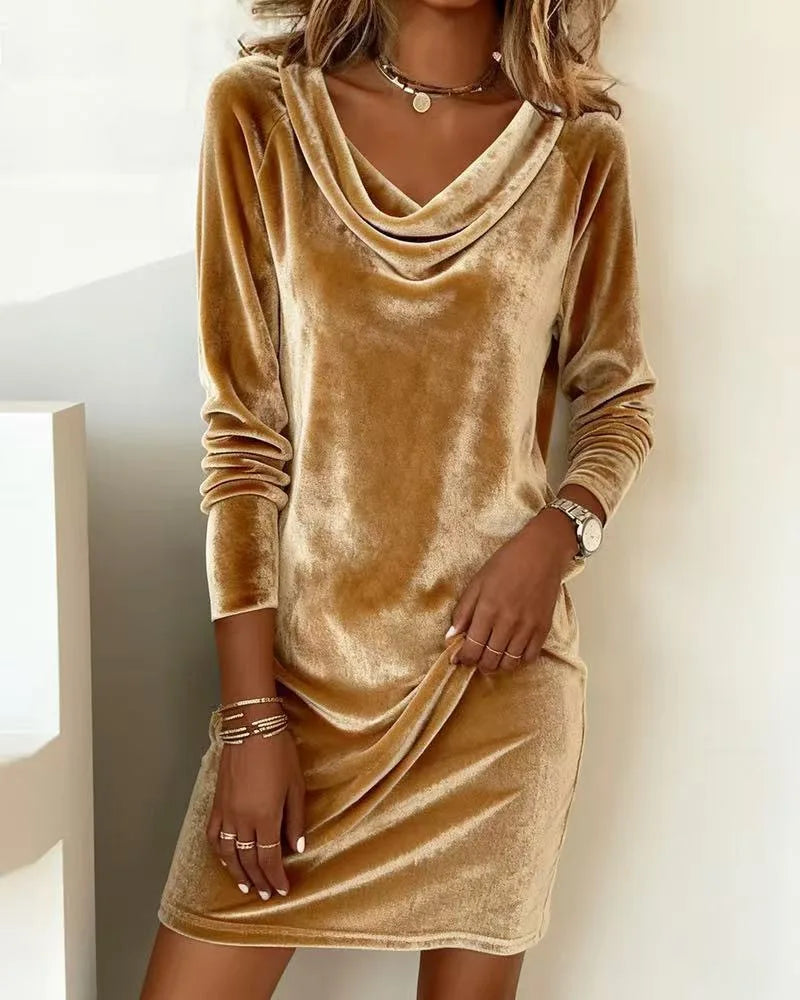 Women's Velvet Party Dress, Cowl Neck Long Sleeve Knee Length