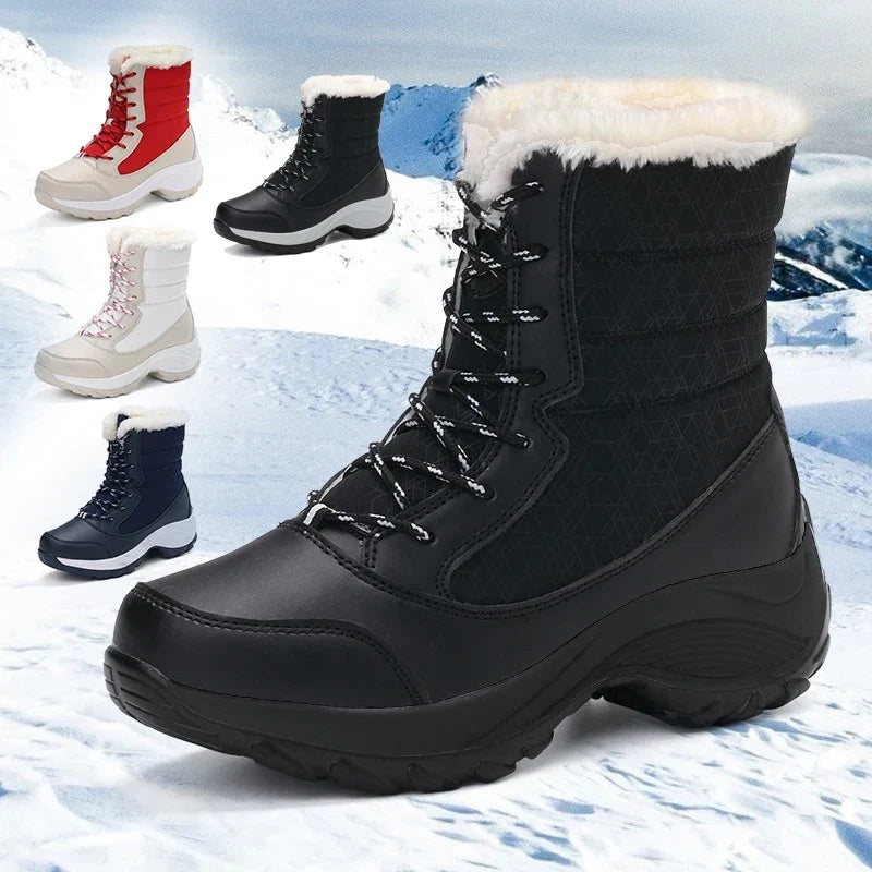 Women's Snow Boots, Waterproof Lace-Up with Faux Fur Trim