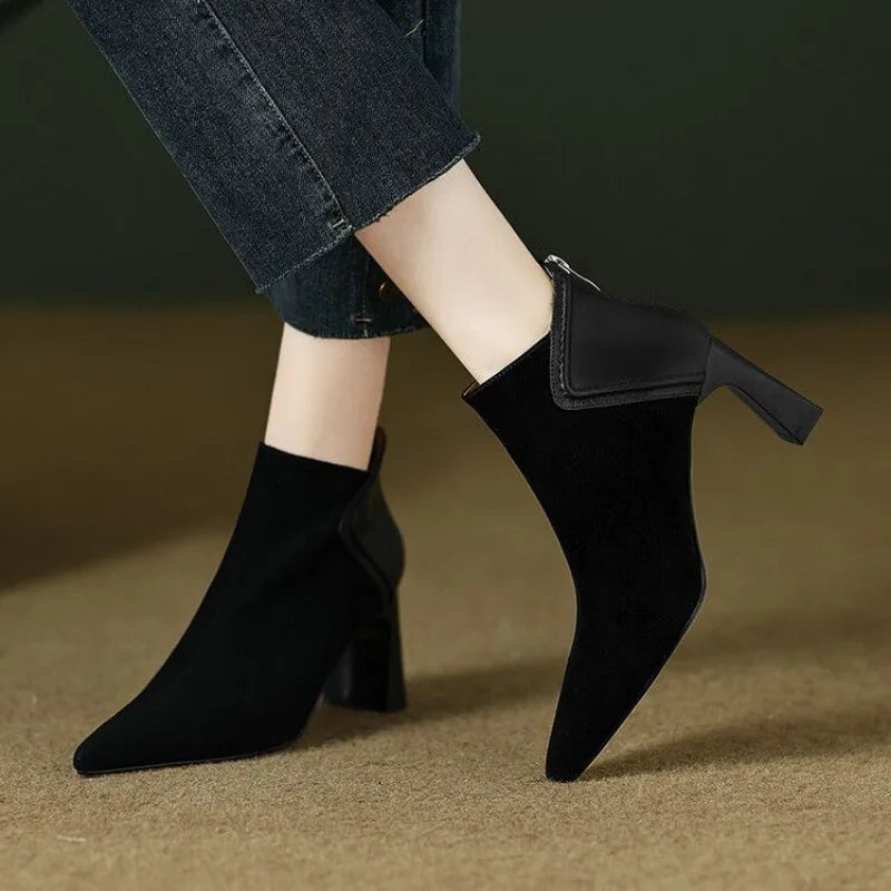 Women's Pointed Toe Heeled Ankle Boots, Flannel Contrast Trim