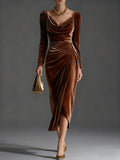 Vivienne | Velvet Cowl Neck Ruched Midi Dress for Women 4