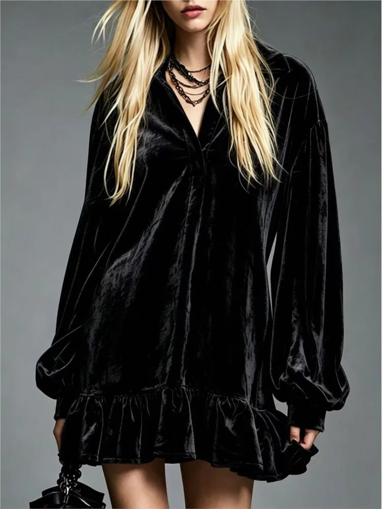 Women's Velvet Mini Dress, Ruffle Hem Lantern Sleeve