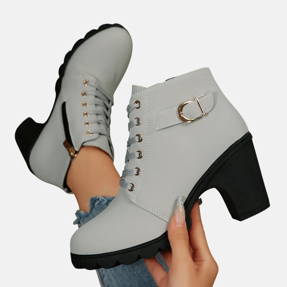 Women's Lace Up Heeled Ankle Boots, Buckle Strap Block Heel
