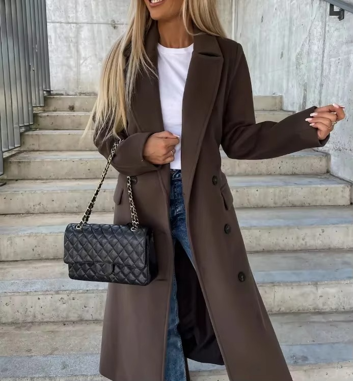 Long Double-Breasted Lapel Collar Wool Coat for Women