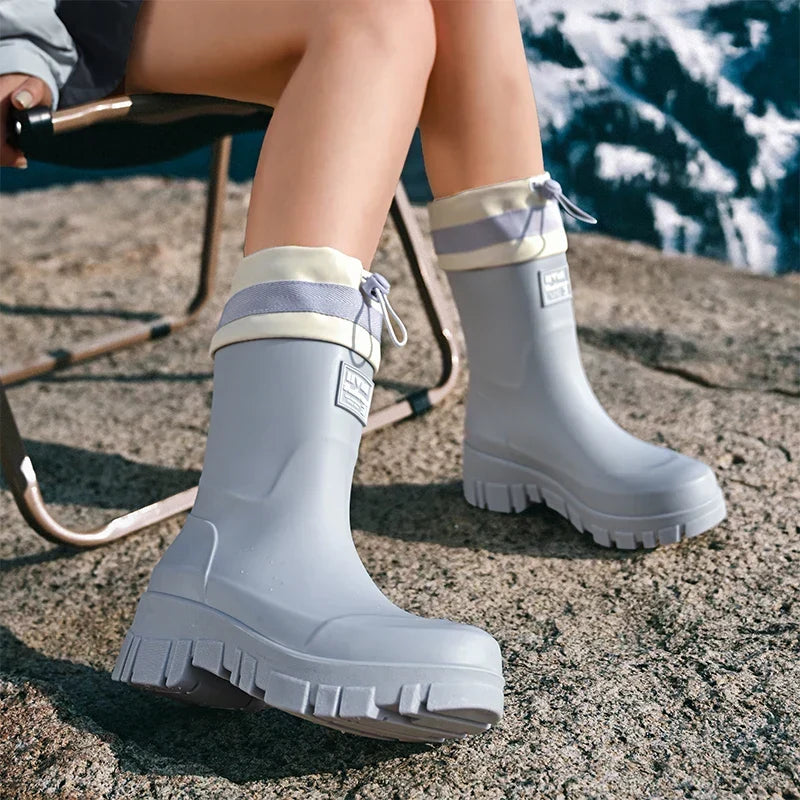 Women's Retro Wellington Boots, Tall Waterproof with Stripe
