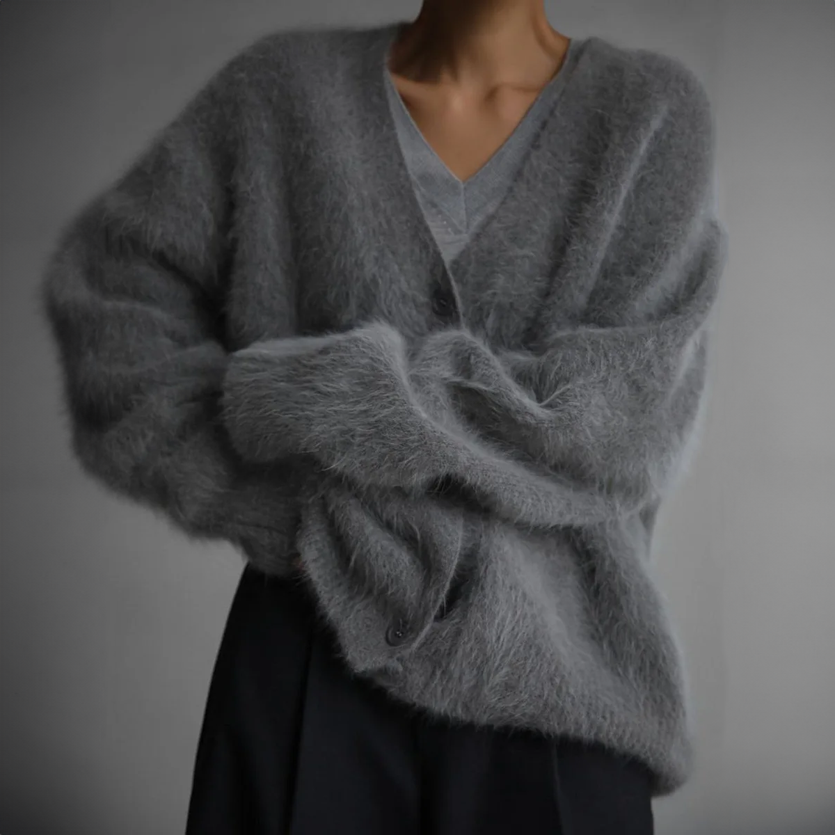 Women's Fluffy Cardigan, Oversized V-Neck Button Up