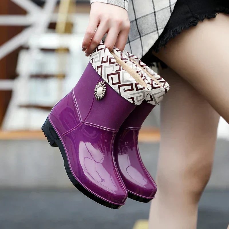 Women's Short Wellington Boots, Flower Detail Ankle