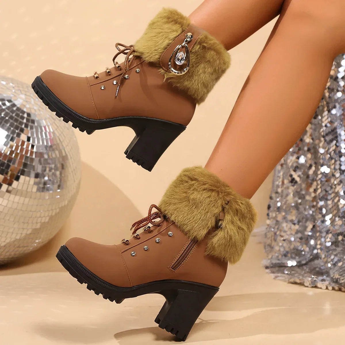 Faux Fur Winter Boots for Women, Rhinestone Detail