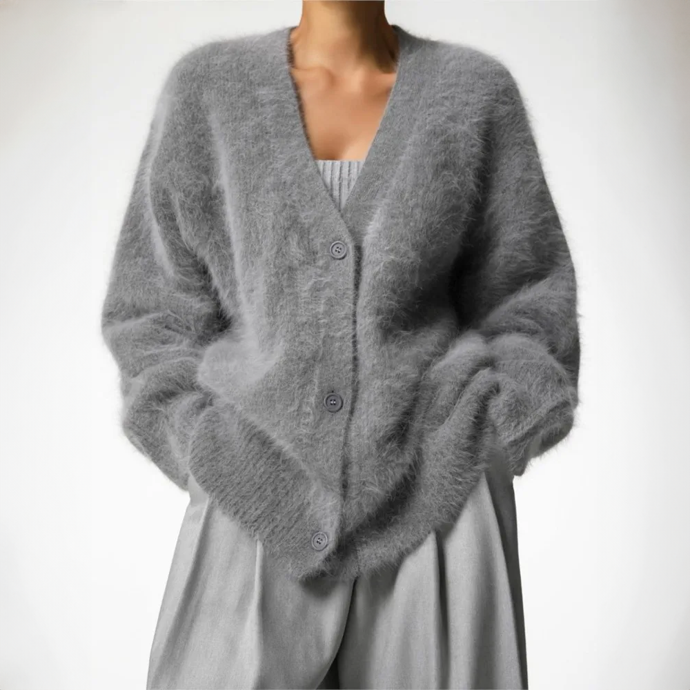 Women's Fluffy Cardigan, Oversized V-Neck Button Up
