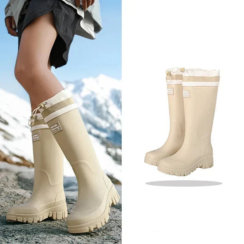 Women's Retro Wellington Boots, Tall Waterproof with Stripe