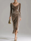 Vivienne | Velvet Cowl Neck Ruched Midi Dress for Women 6