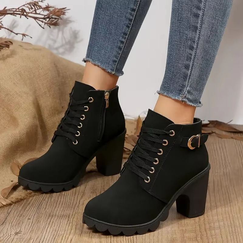 Women's Heeled Ankle Boots, Lace-Up Platform with Anti-Slip Sole