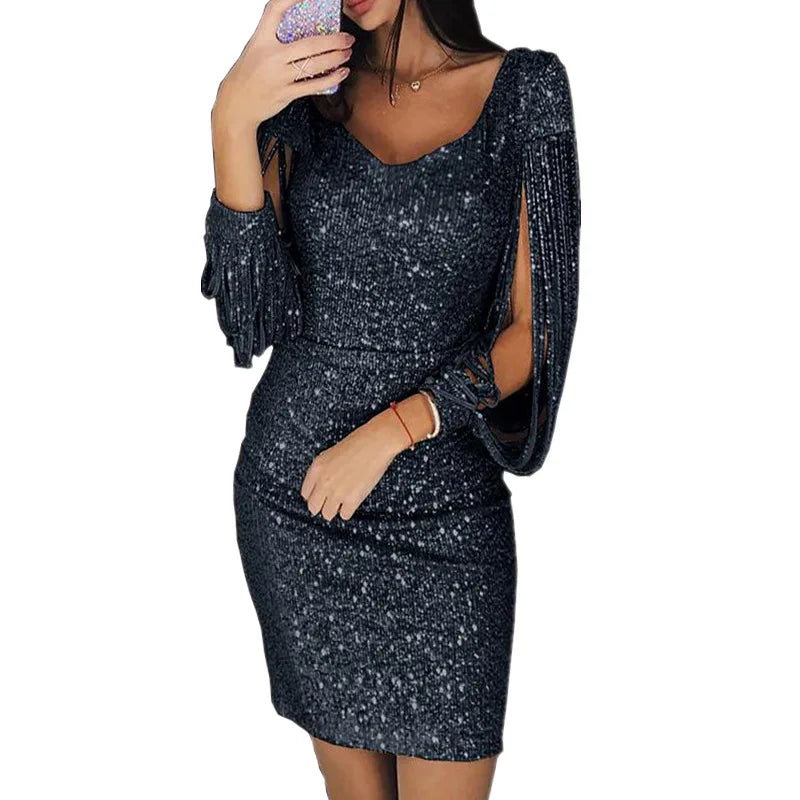 Women's Sequin Cocktail Dress, Fringe Sleeve Ruched Mini