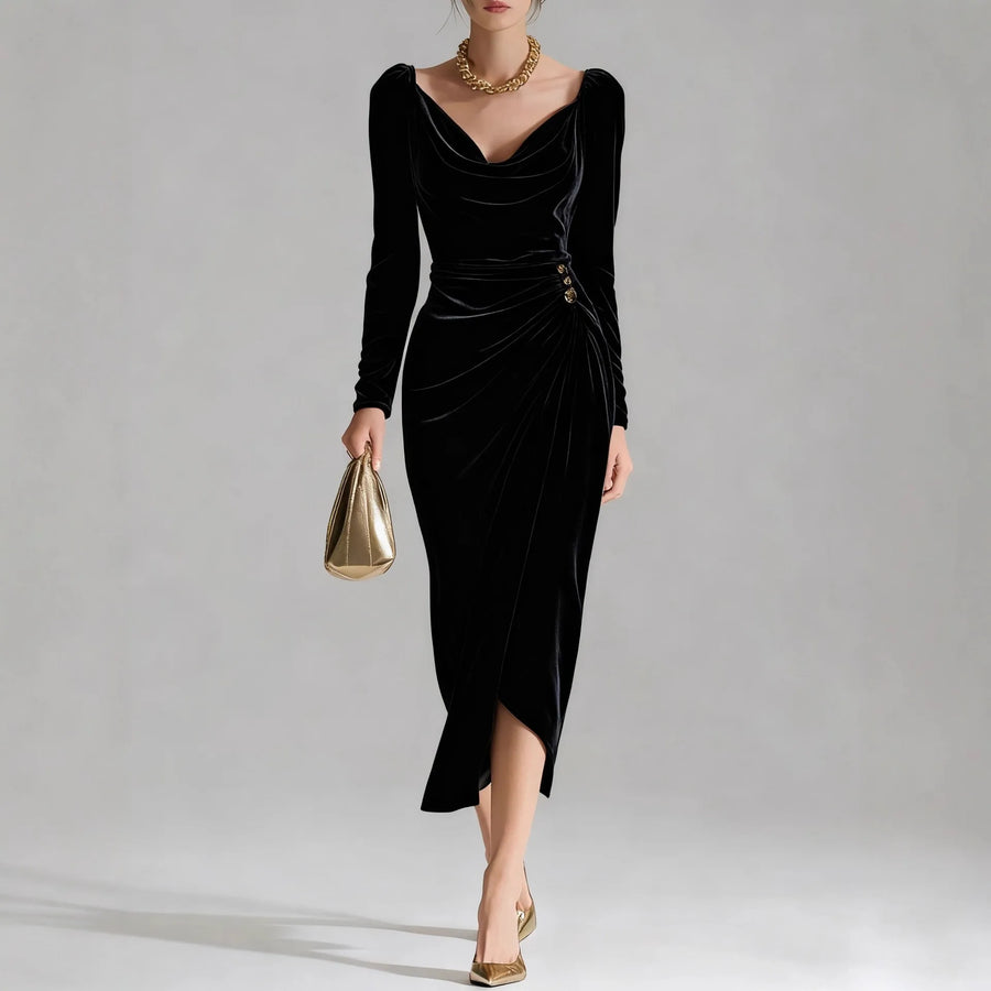 Vivienne | Velvet Cowl Neck Ruched Midi Dress for Women
