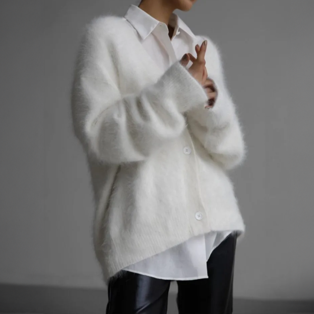 Women's Fluffy Cardigan, Oversized V-Neck Button Up
