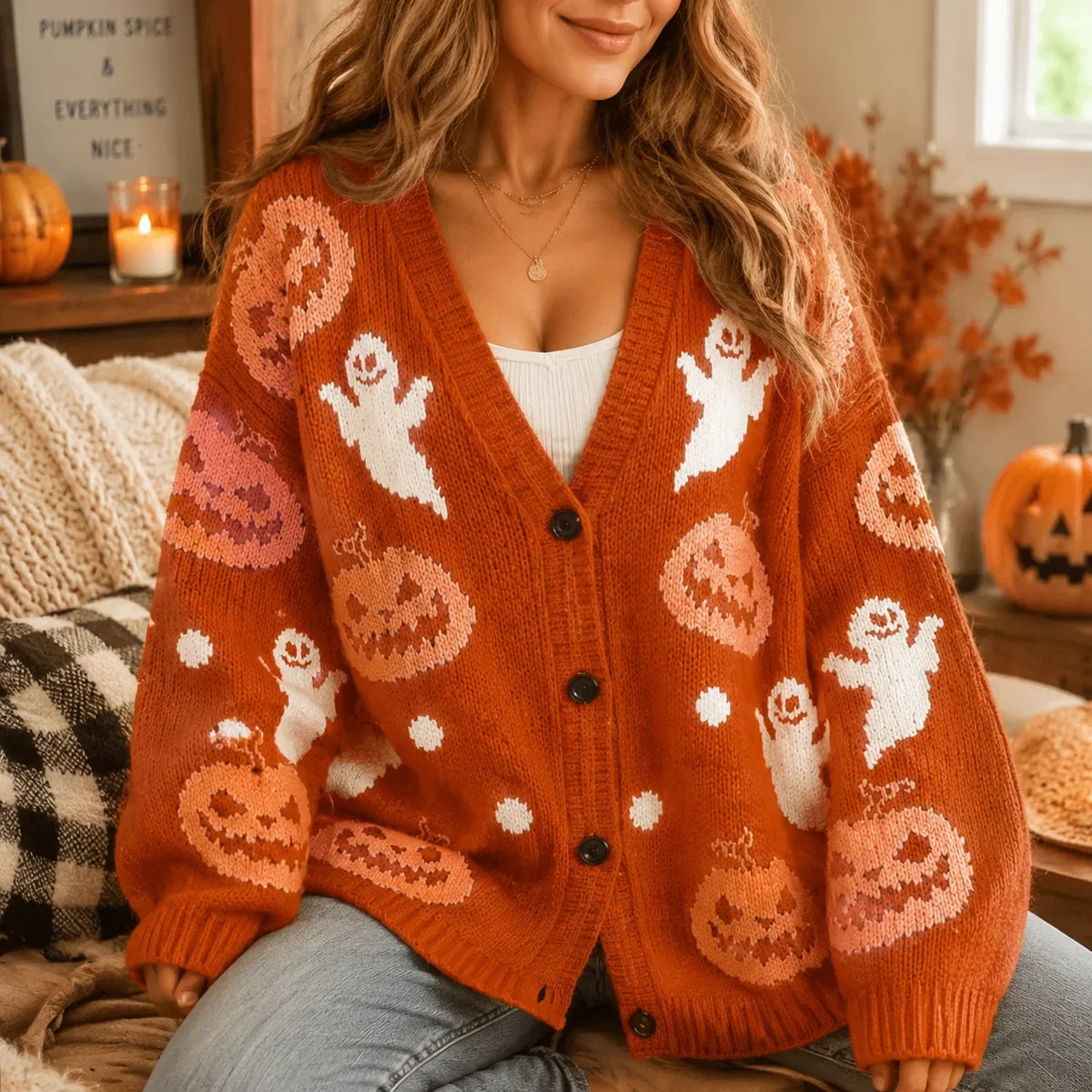 Sadie | Festive Women's Pumpkin Ghost Halloween Cardigan