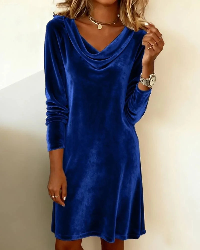Women's Velvet Party Dress, Cowl Neck Long Sleeve Knee Length