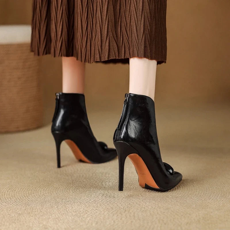 Women's Stiletto Heel Ankle Boots, Pointed Toe Gold Detail