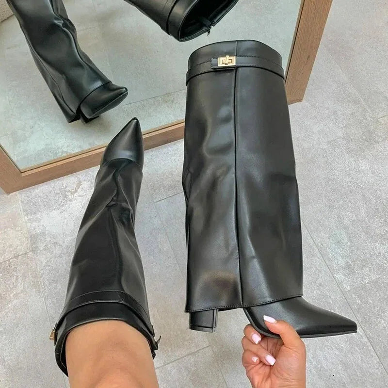 Women's Knee High Boots, Pointed Toe Fold-Over Shaft with Buckle