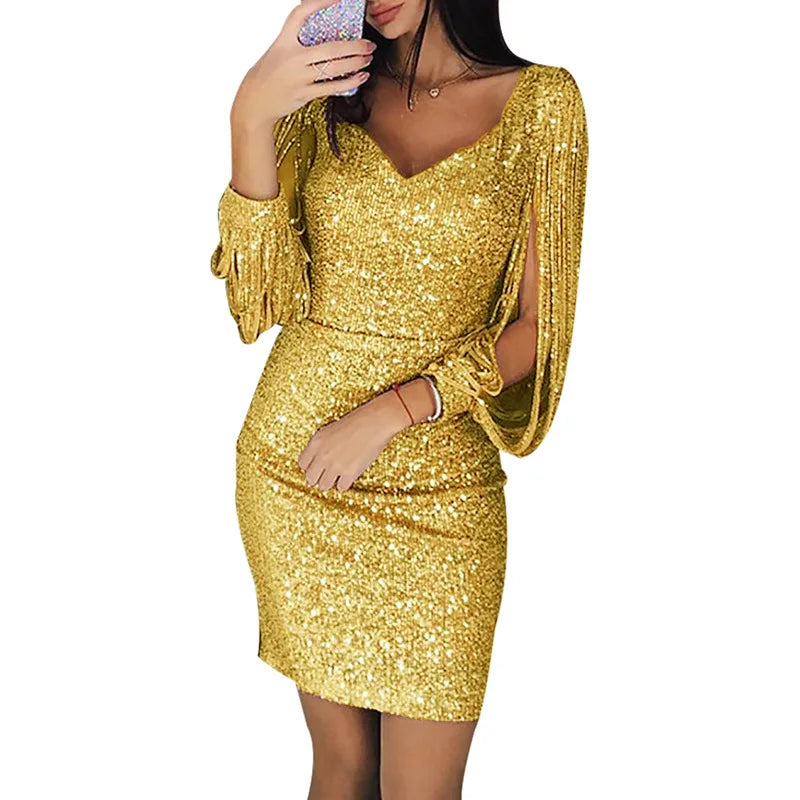 Women's Sequin Cocktail Dress, Fringe Sleeve Ruched Mini