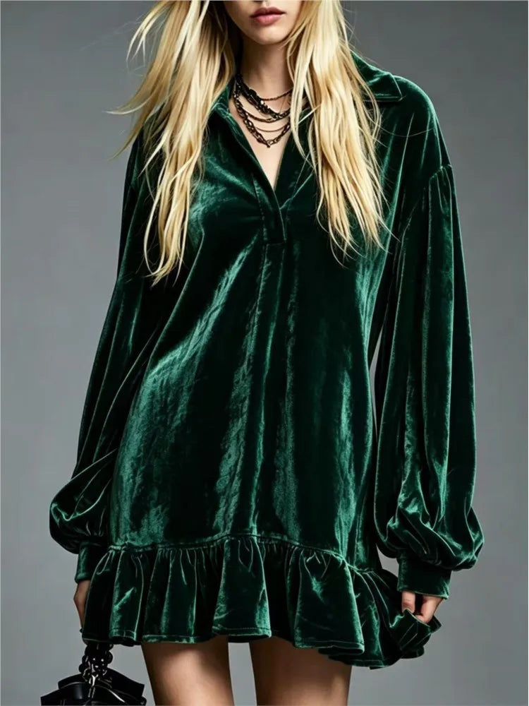 Violetta | Velvet Ruffle Hem Lantern Sleeve Mini Dress for Women