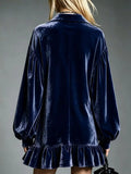 Women's Velvet Mini Dress, Ruffle Hem Lantern Sleeve 8