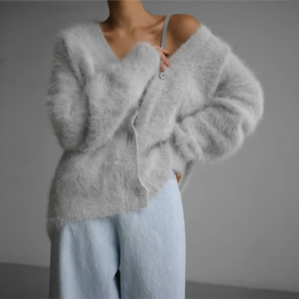 Women's Fluffy Cardigan, Oversized V-Neck Button Up