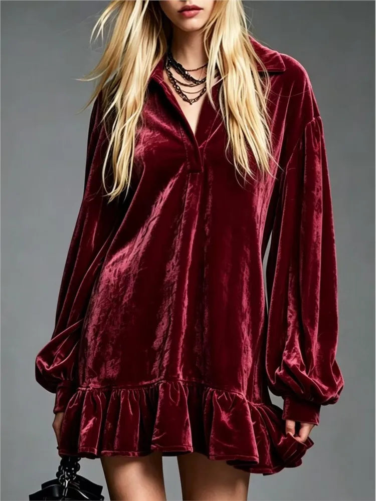 Violetta | Velvet Ruffle Hem Lantern Sleeve Mini Dress for Women
