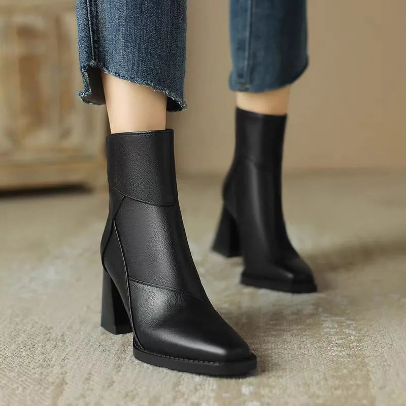 Women's Block Heel Ankle Boots, Angular Panel Square Toe