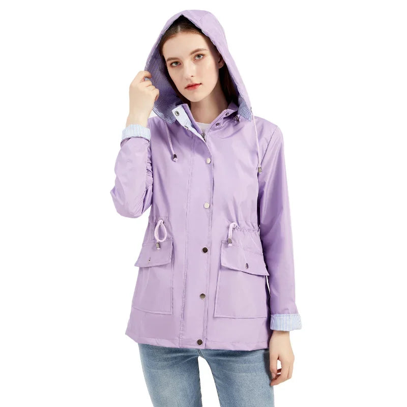 Hooded Rain Jacket for Women, Drawstring Waist