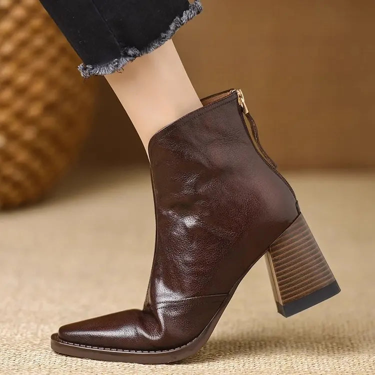 Women's Square Toe Ankle Boots, Block Heel Back Zip