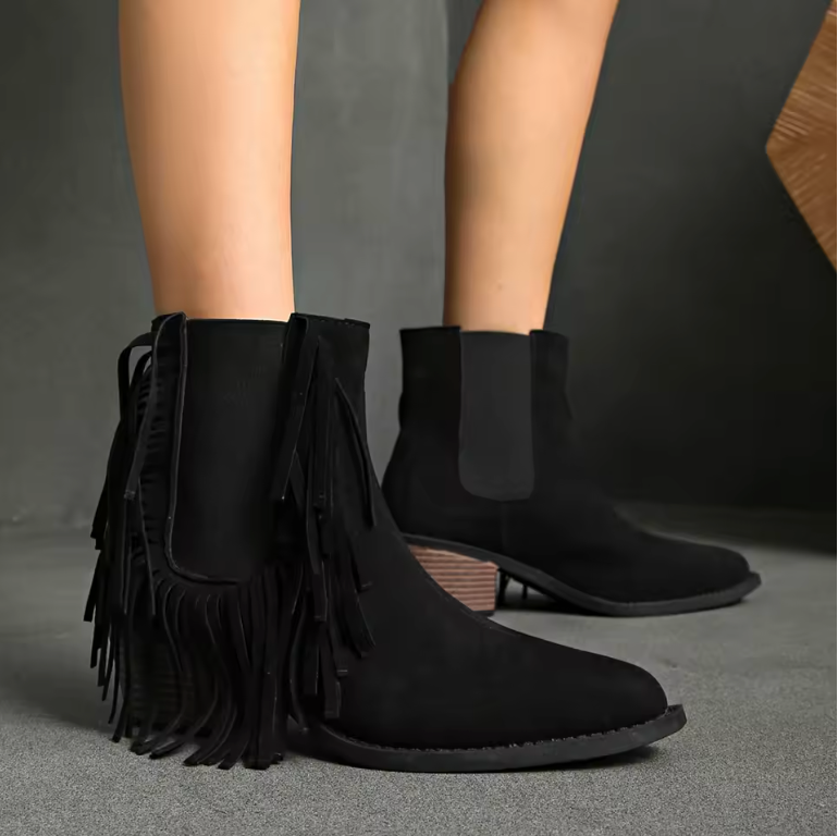 Women's Fringe Ankle Boots, Western Style Low Heel