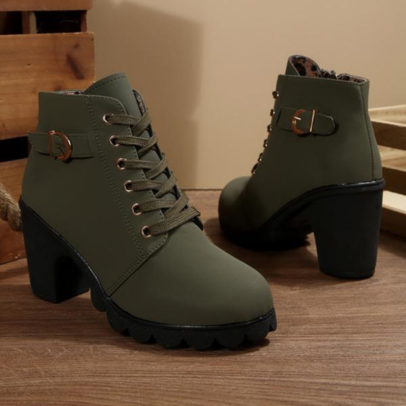 Women's Chunky Heel Lace Up Boots, Metal Buckle Ankle