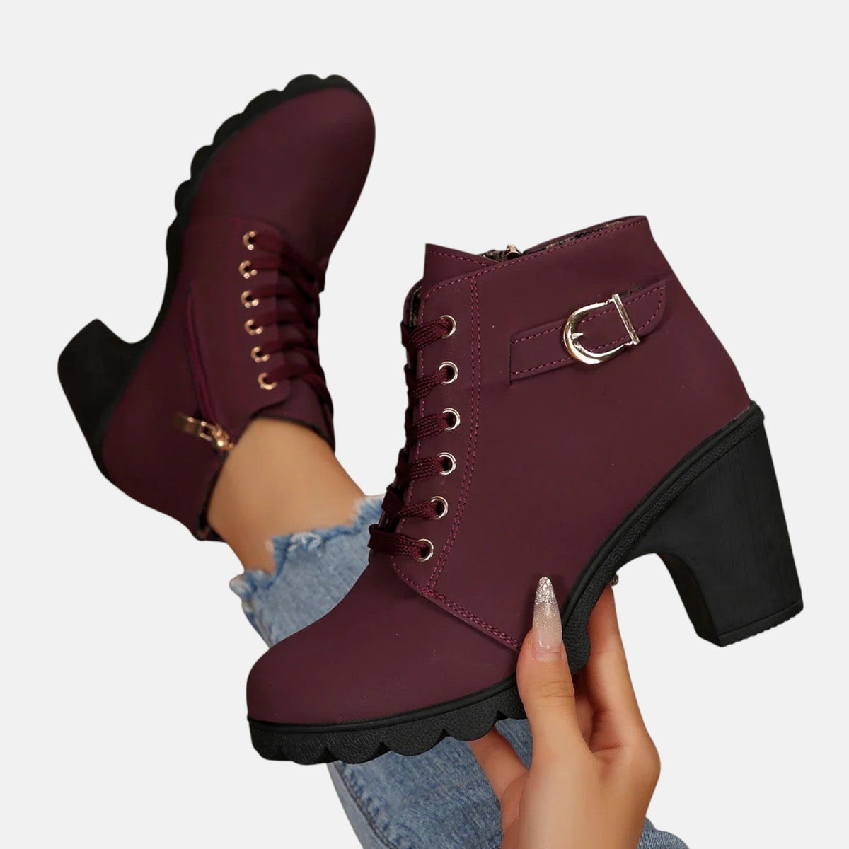Women's Lace Up Heeled Ankle Boots, Buckle Strap Block Heel