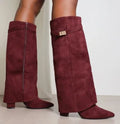 Women's Knee High Boots, Pointed Toe Fold-Over Shaft with Buckle 9